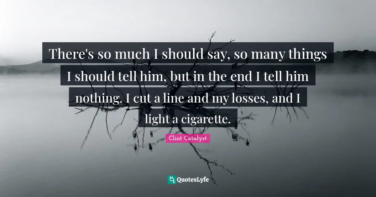 There's so much I should say, so many things I should tell him, but in the end I tell him nothing. I cut a line and my losses, and I light a cigarette.