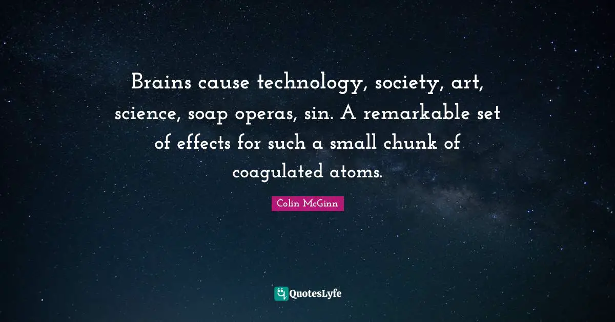 Brains cause technology, society, art, science, soap operas, sin. A remarkable set of effects for such a small chunk of coagulated atoms.