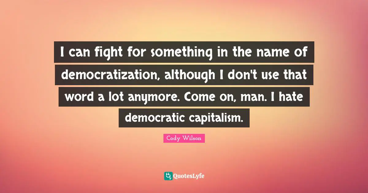 I can fight for something in the name of democratization, although I don't use that word a lot anymore. Come on, man. I hate democratic capitalism.