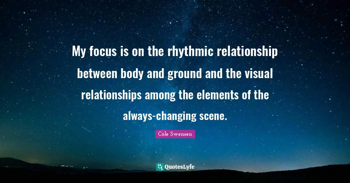 My focus is on the rhythmic relationship between body and ground and the visual relationships among the elements of the always-changing scene.