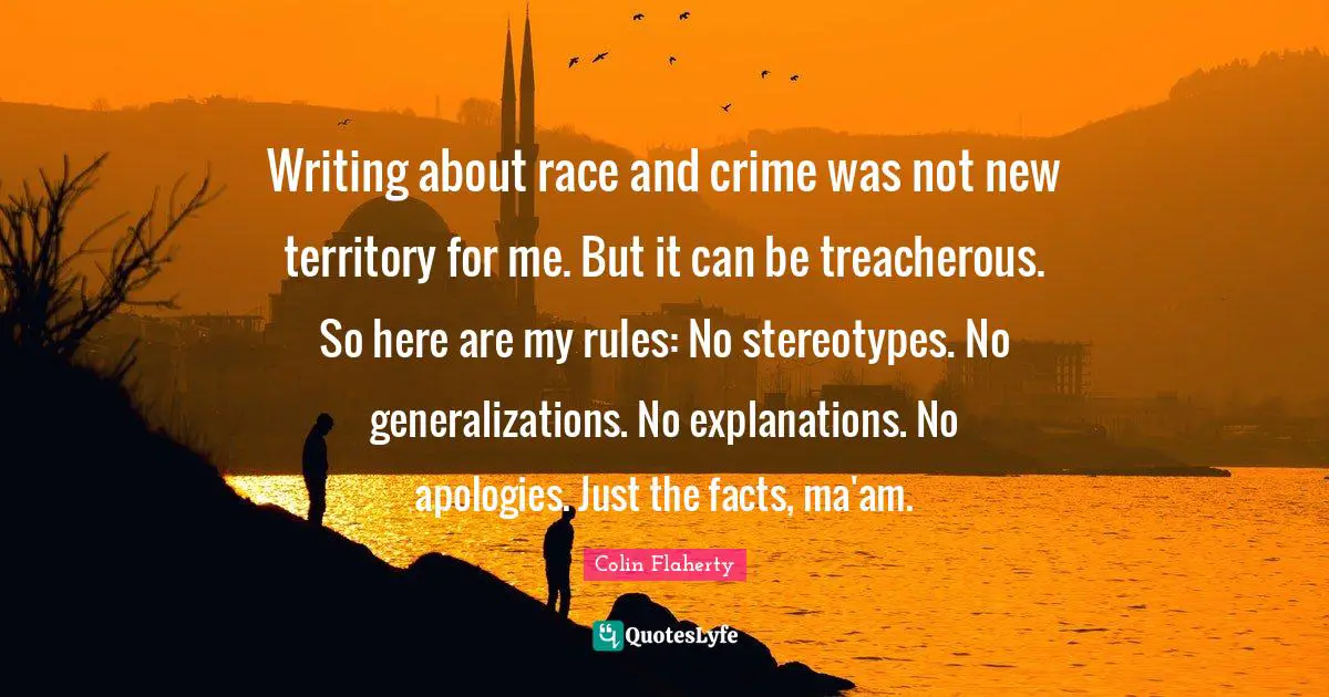 Writing about race and crime was not new territory for me. But it can be treacherous. So here are my rules: No stereotypes. No generalizations. No explanations. No apologies. Just the facts, ma'am.
