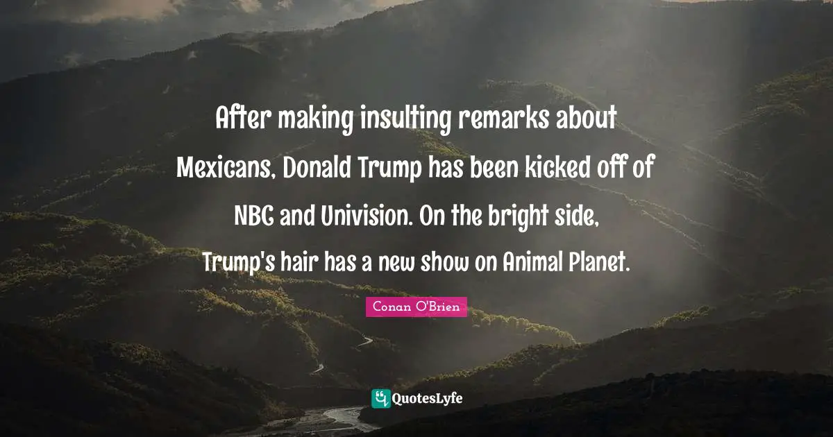 Trump Quotes: "After making insulting remarks about Mexicans, Donald Trump has been kicked off of NBC and Univision. On the bright side, Trump's hair has a new show on Animal Planet."