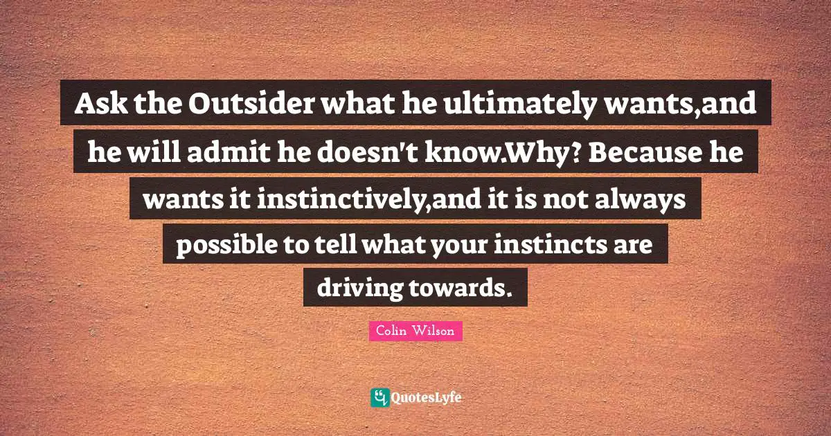 Ask the Outsider what he ultimately wants,and he will admit he doesn't know.Why? Because he wants it instinctively,and it is not always possible to tell what your instincts are driving towards.