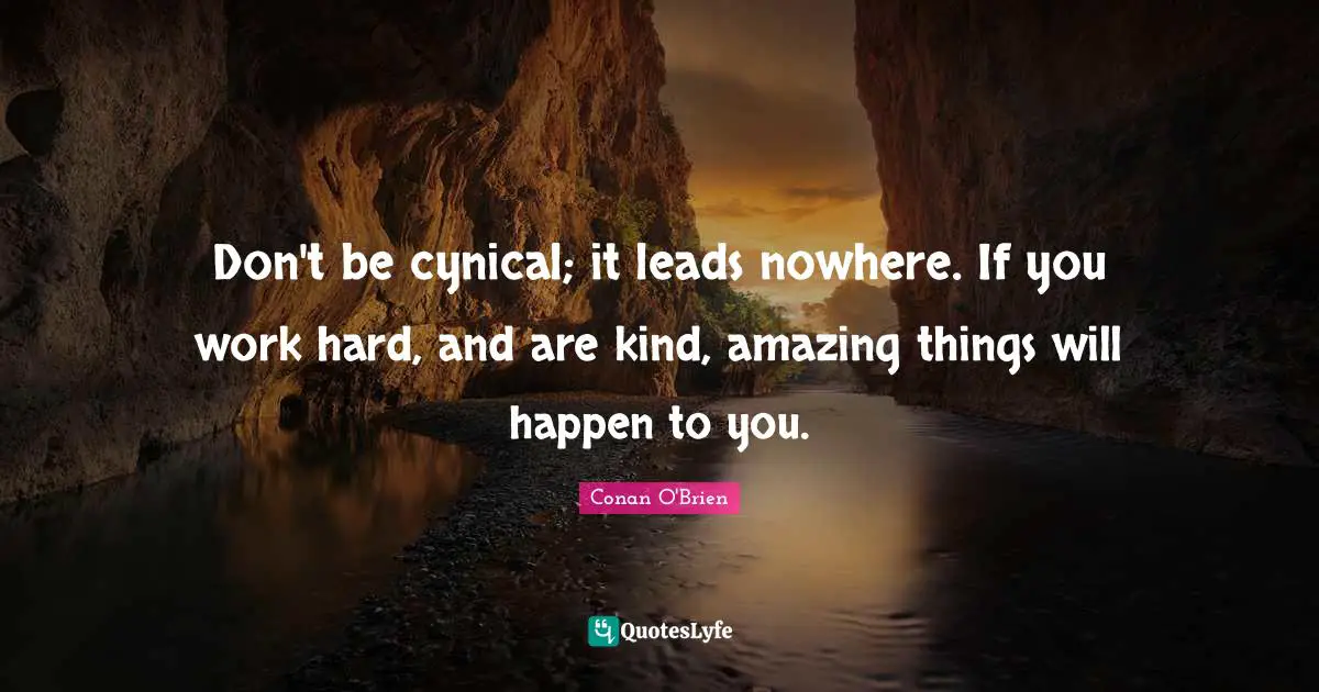 Don't be cynical; it leads nowhere. If you work hard, and are kind, amazing things will happen to you.