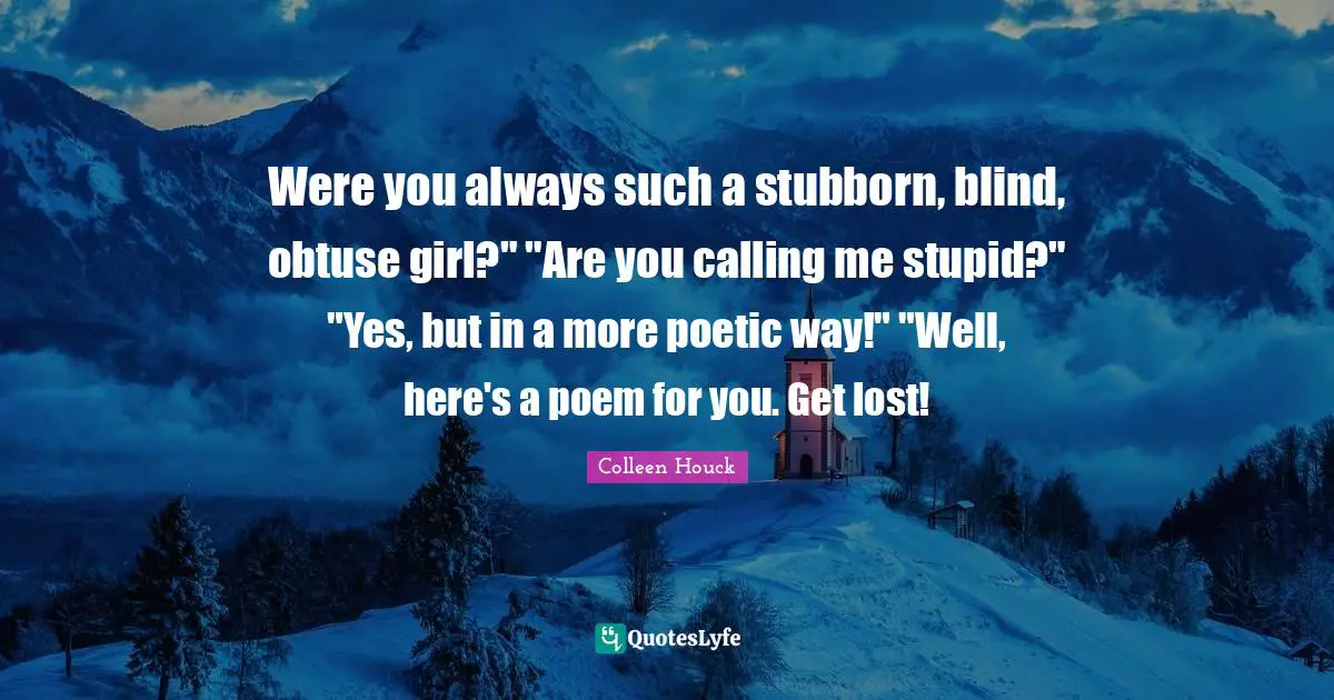 Were you always such a stubborn, blind, obtuse girl?" "Are you calling me stupid?" "Yes, but in a more poetic way!" "Well, here's a poem for you. Get lost!