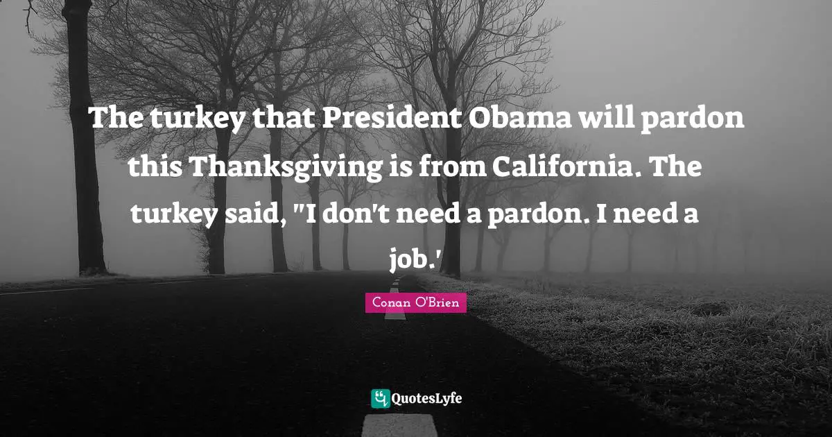 The turkey that President Obama will pardon this Thanksgiving is from California. The turkey said, "I don't need a pardon. I need a job.'