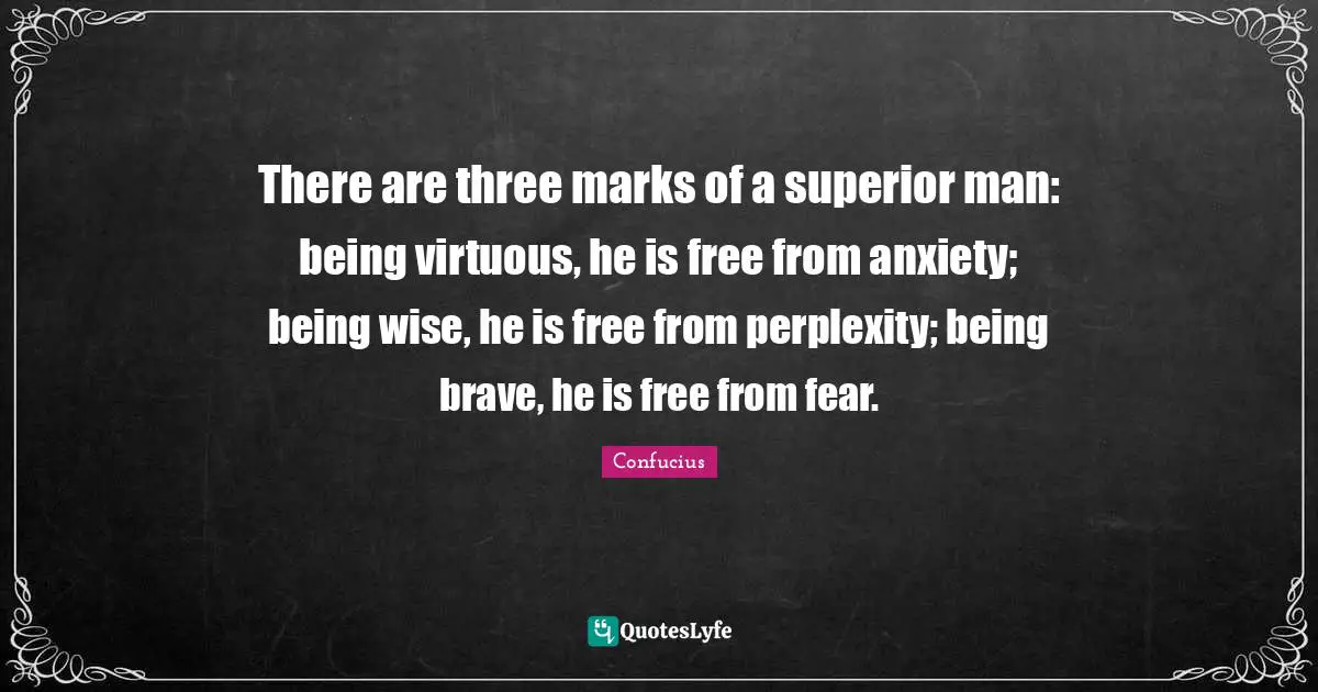Perplexity Quotes: "There are three marks of a superior man: being virtuous, he is free from anxiety; being wise, he is free from perplexity; being brave, he is free from fear."