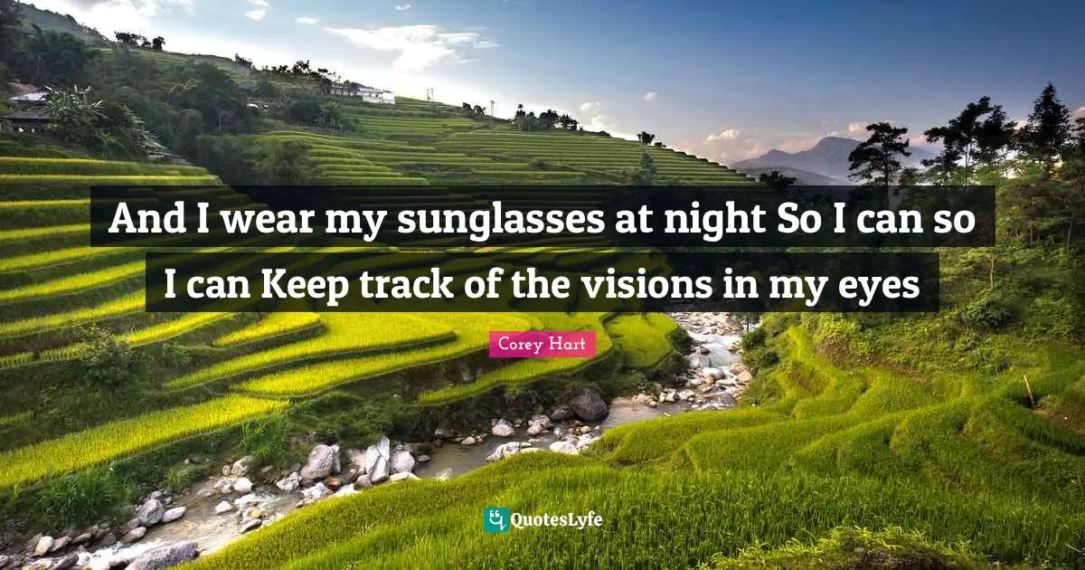 And I wear my sunglasses at night So I can so I can Keep track of the visions in my eyes