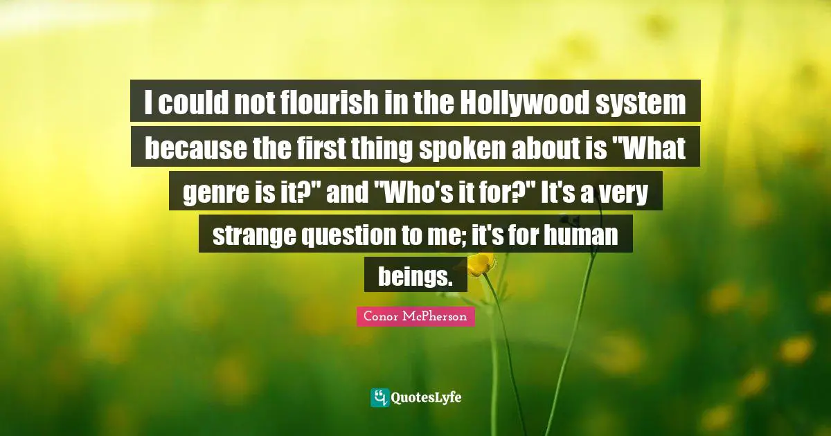 I could not flourish in the Hollywood system because the first thing spoken about is "What genre is it?" and "Who's it for?" It's a very strange question to me; it's for human beings.