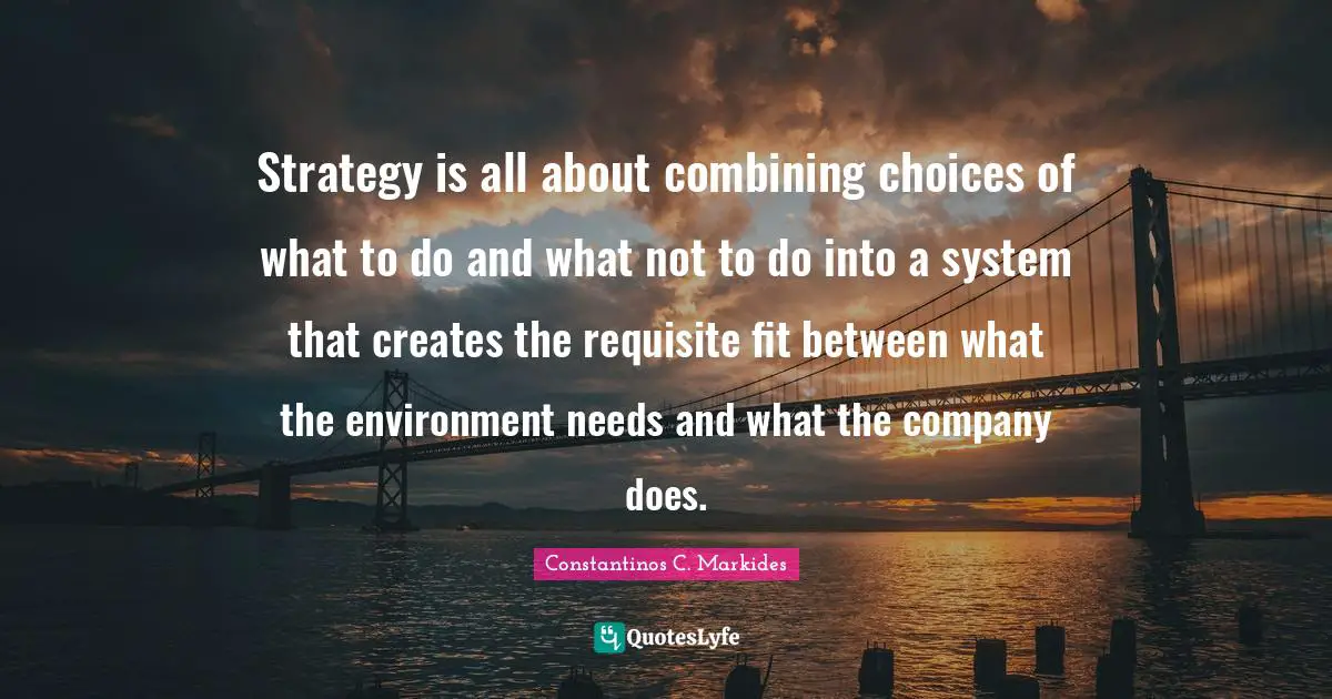 Constantinos C. Markides Quotes: "Strategy is all about combining choices of what to do and what not to do into a system that creates the requisite fit between what the environment needs and what the company does."