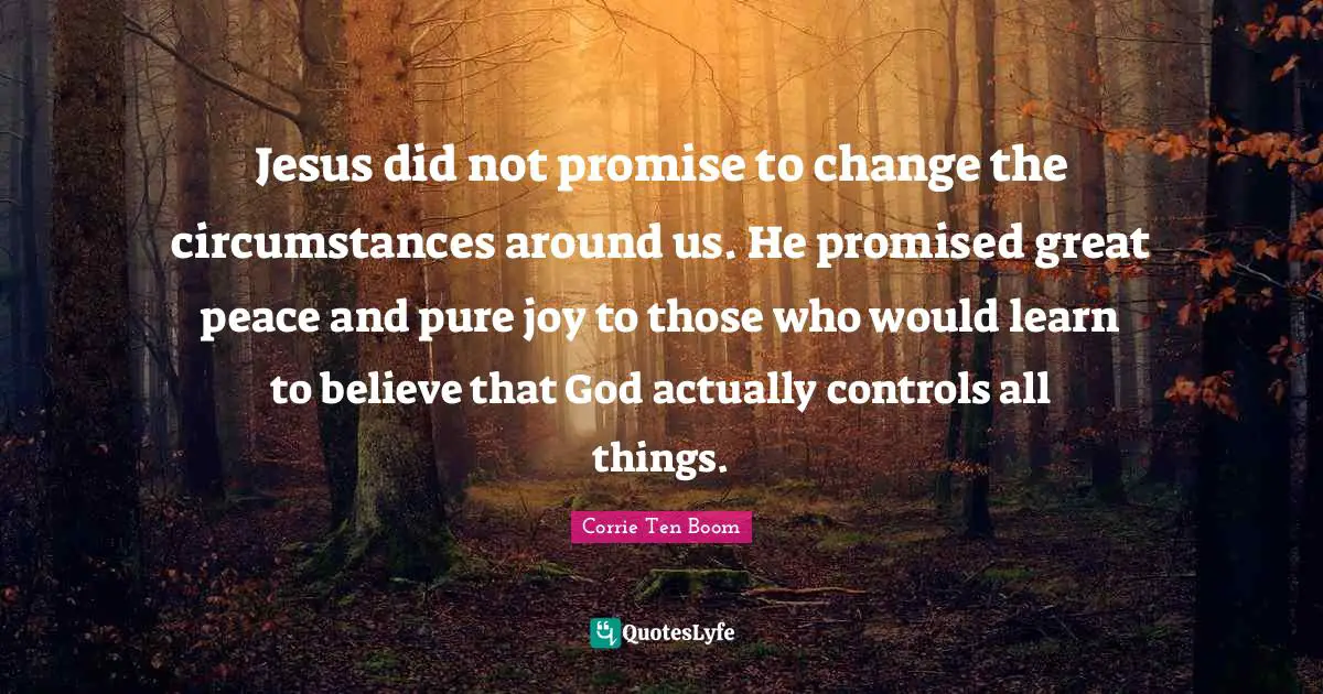 Peace Quotes: "Jesus did not promise to change the circumstances around us. He promised great peace and pure joy to those who would learn to believe that God actually controls all things."