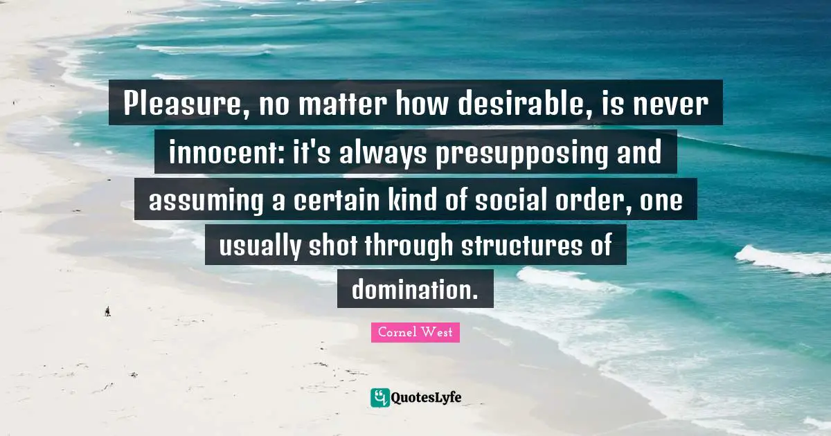 Pleasure, no matter how desirable, is never innocent: it's always presupposing and assuming a certain kind of social order, one usually shot through structures of domination.