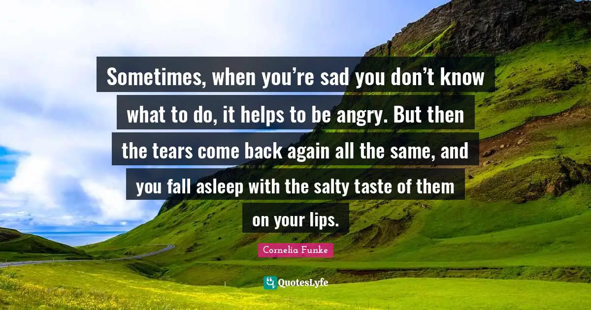 Sometimes, when you’re sad you don’t know what to do, it helps to be angry. But then the tears come back again all the same, and you fall asleep with the salty taste of them on your lips.