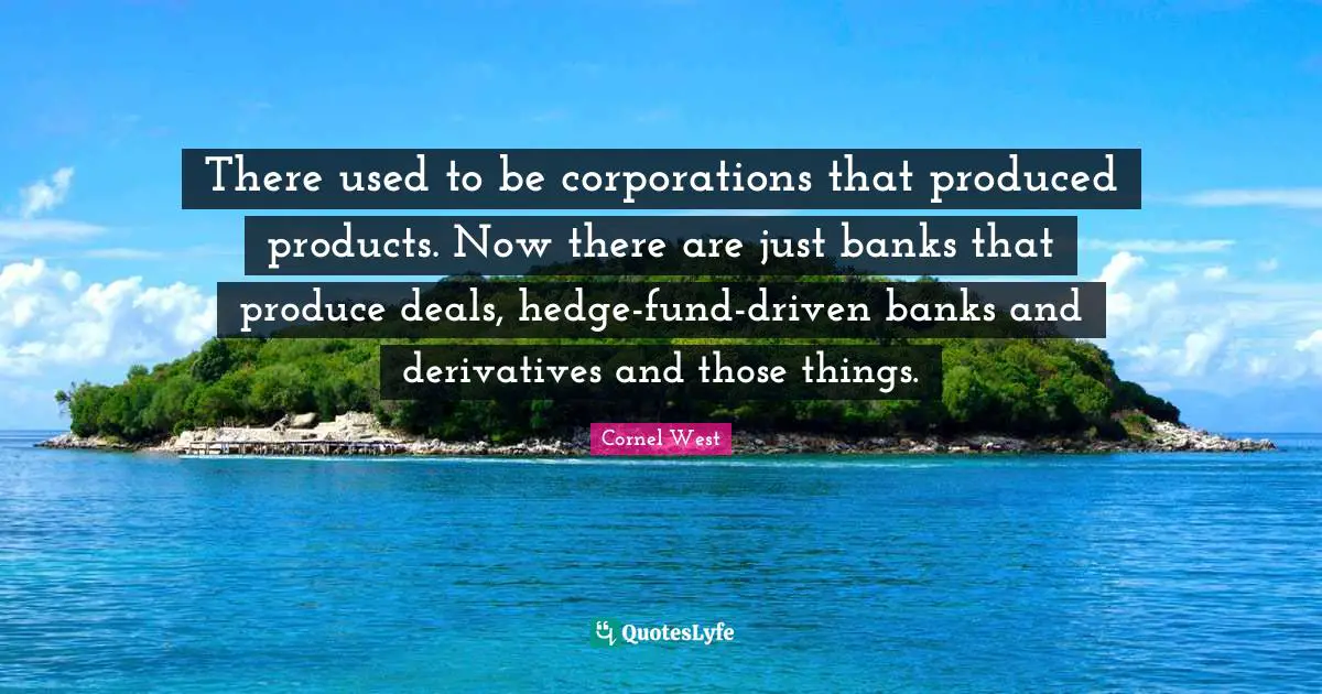 There used to be corporations that produced products. Now there are just banks that produce deals, hedge-fund-driven banks and derivatives and those things.
