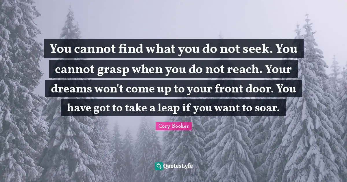 Cory Booker Quotes: "You cannot find what you do not seek. You cannot grasp when you do not reach. Your dreams won't come up to your front door. You have got to take a leap if you want to soar."