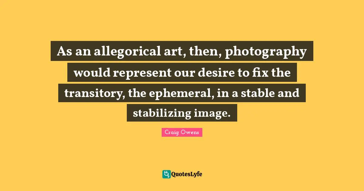 As an allegorical art, then, photography would represent our desire to fix the transitory, the ephemeral, in a stable and stabilizing image.