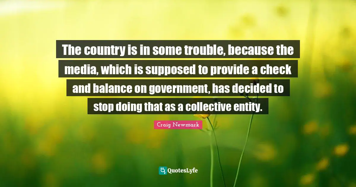 Craig Newmark Quotes: "The country is in some trouble, because the media, which is supposed to provide a check and balance on government, has decided to stop doing that as a collective entity."