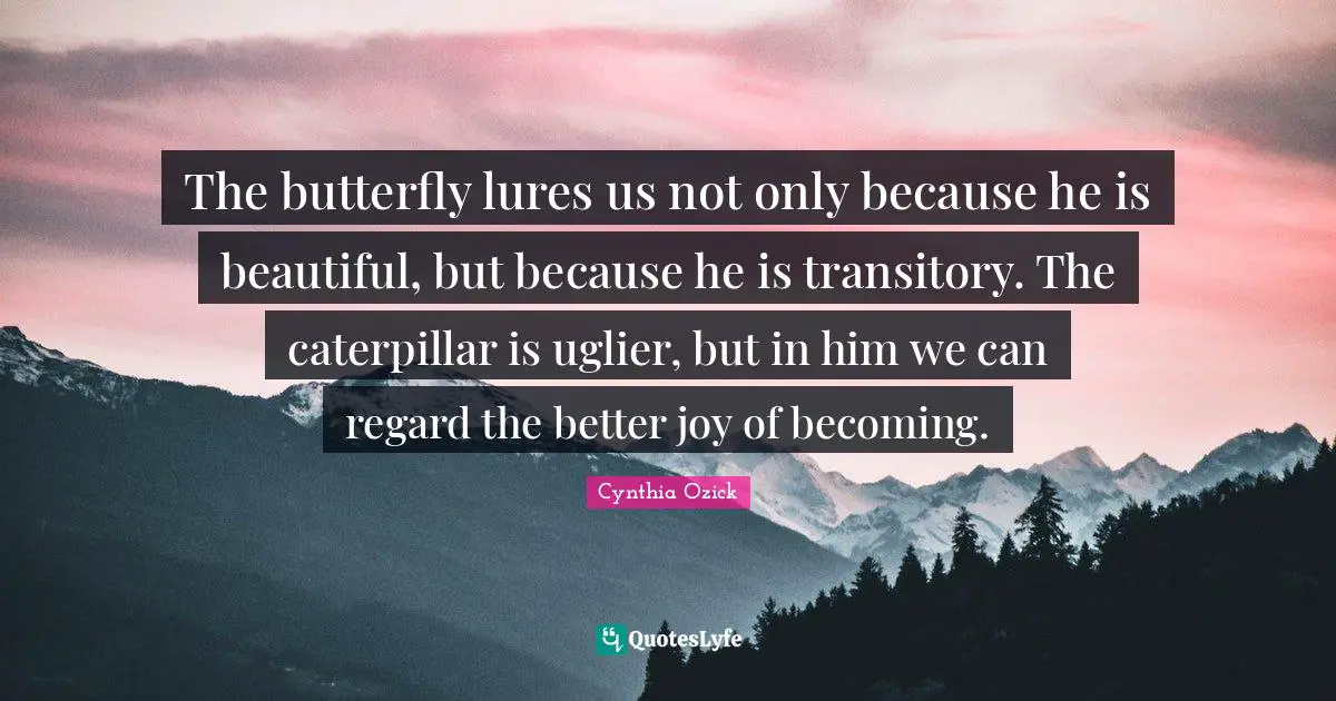 The butterfly lures us not only because he is beautiful, but because he is transitory. The caterpillar is uglier, but in him we can regard the better joy of becoming.