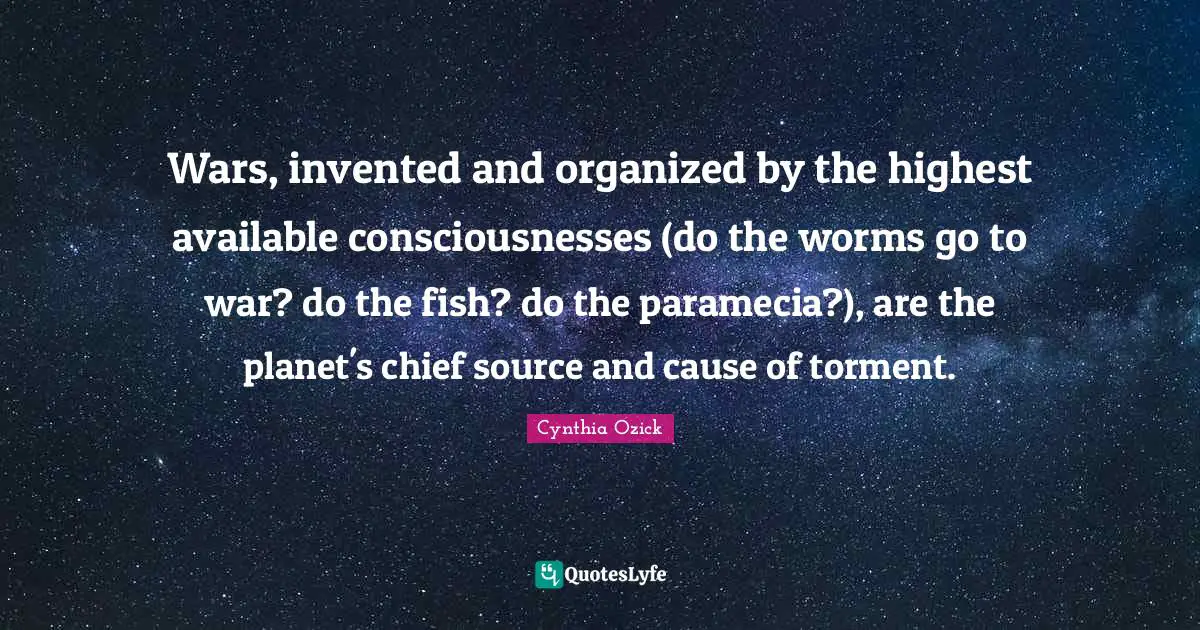Wars, invented and organized by the highest available consciousnesses (do the worms go to war? do the fish? do the paramecia?), are the planet's chief source and cause of torment.