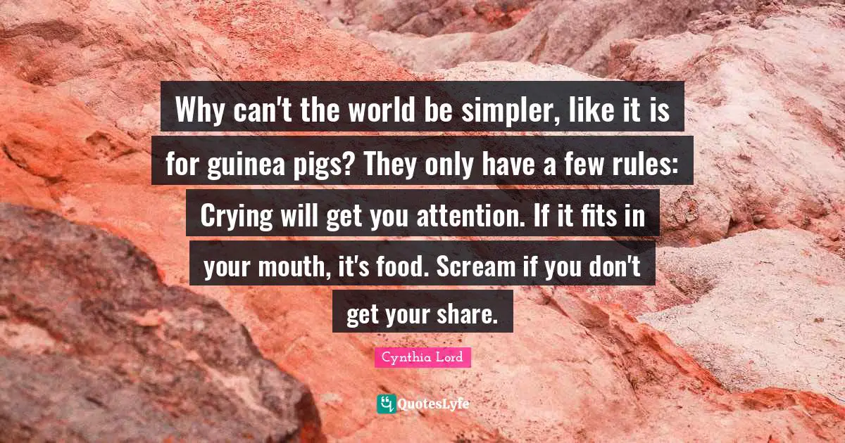 Why can't the world be simpler, like it is for guinea pigs? They only have a few rules: Crying will get you attention. If it fits in your mouth, it's food. Scream if you don't get your share.
