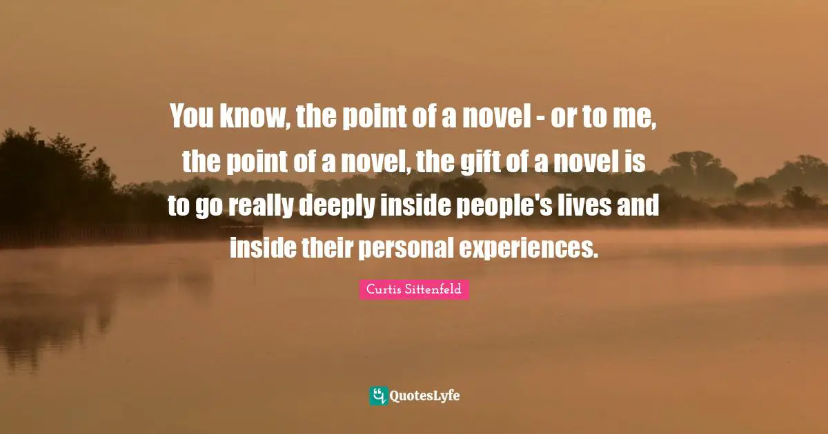 You know, the point of a novel - or to me, the point of a novel, the gift of a novel is to go really deeply inside people's lives and inside their personal experiences.