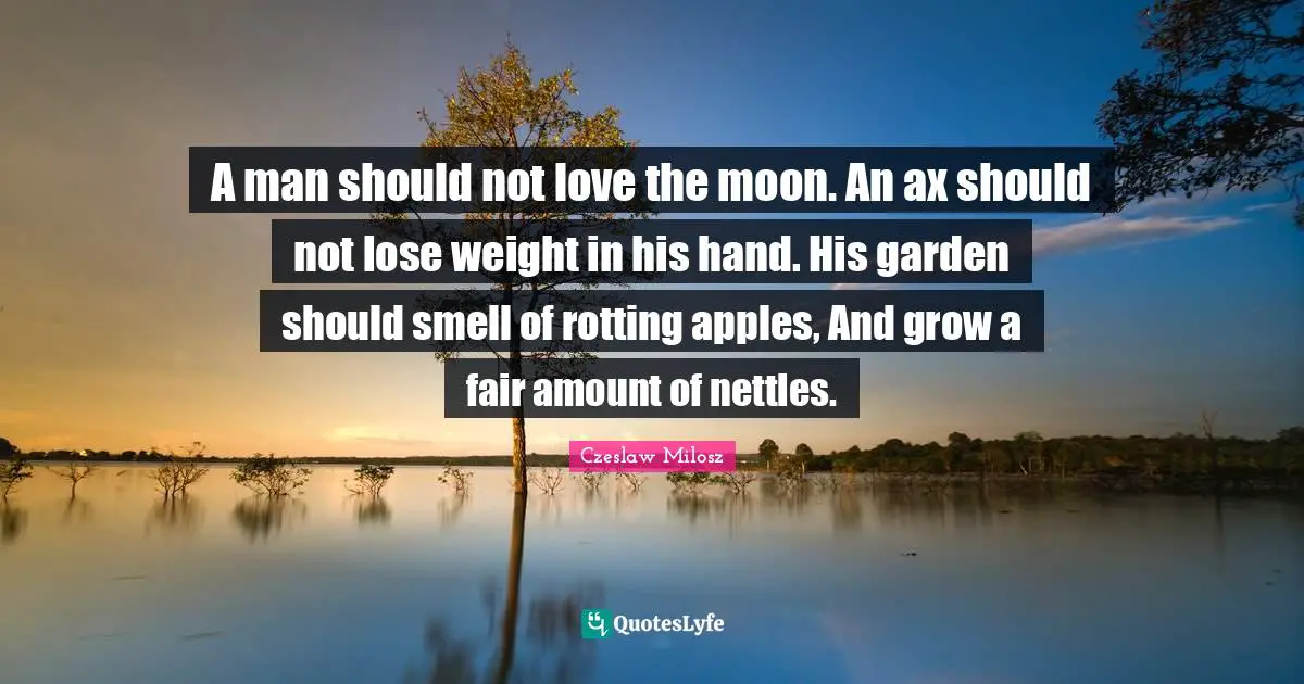 A man should not love the moon. An ax should not lose weight in his hand. His garden should smell of rotting apples, And grow a fair amount of nettles.