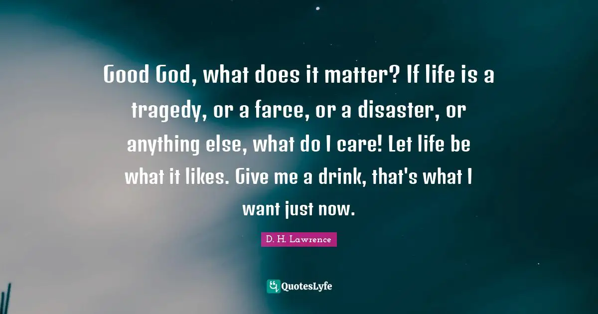 Good God, what does it matter? If life is a tragedy, or a farce, or a disaster, or anything else, what do I care! Let life be what it likes. Give me a drink, that's what I want just now.