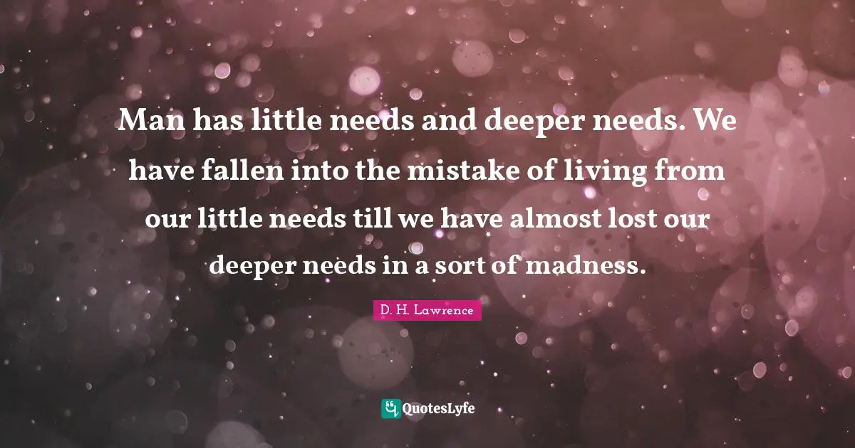 Man has little needs and deeper needs. We have fallen into the mistake of living from our little needs till we have almost lost our deeper needs in a sort of madness.
