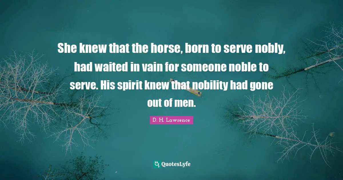 She knew that the horse, born to serve nobly, had waited in vain for someone noble to serve. His spirit knew that nobility had gone out of men.
