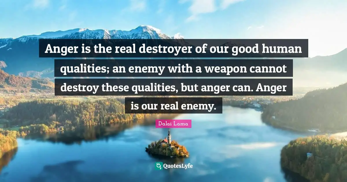 Anger is the real destroyer of our good human qualities; an enemy with a weapon cannot destroy these qualities, but anger can. Anger is our real enemy.