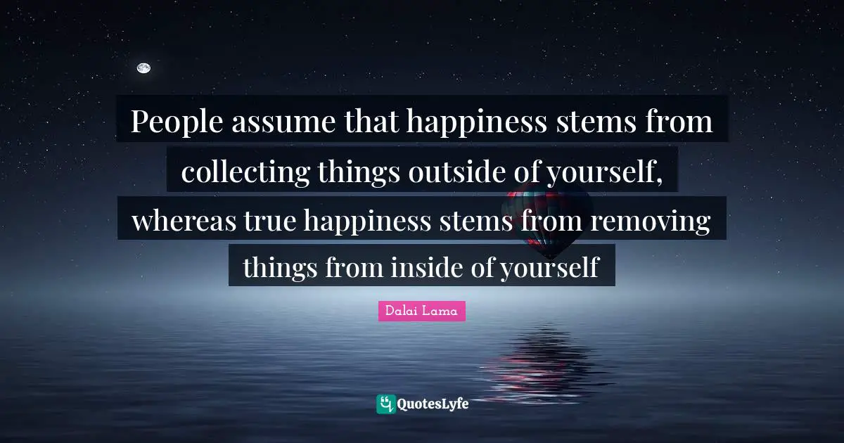 People assume that happiness stems from collecting things outside of yourself, whereas true happiness stems from removing things from inside of yourself