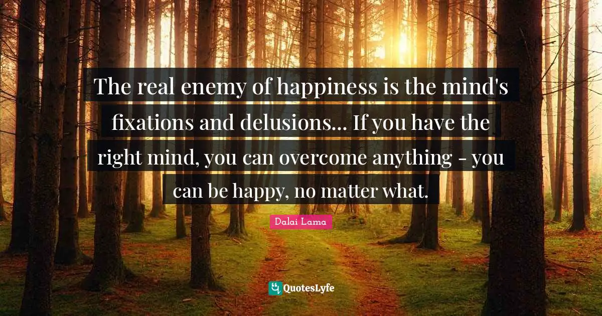 The real enemy of happiness is the mind's fixations and delusions... If you have the right mind, you can overcome anything - you can be happy, no matter what.