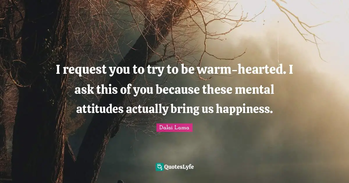 I request you to try to be warm-hearted. I ask this of you because these mental attitudes actually bring us happiness.