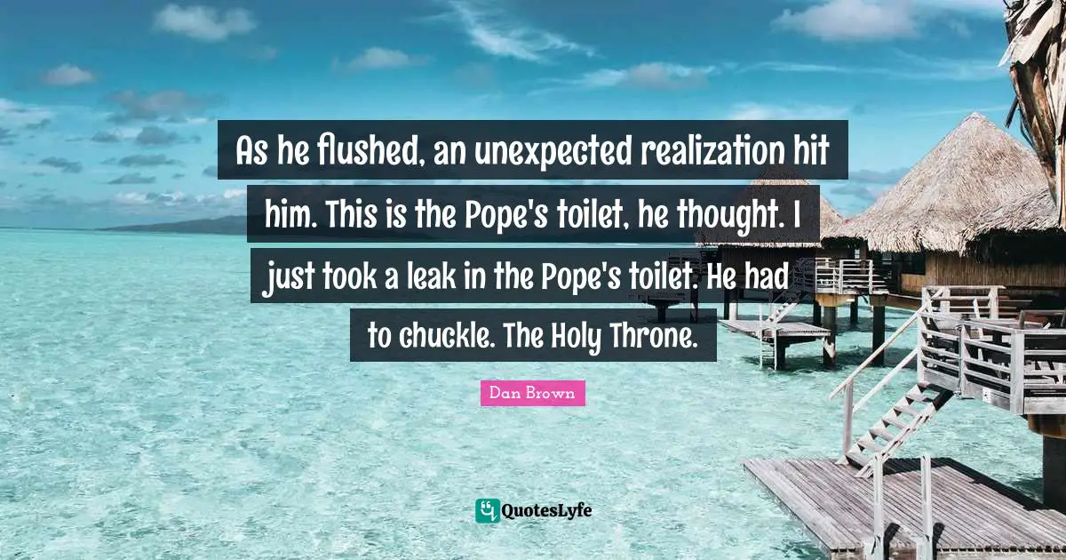 As he flushed, an unexpected realization hit him. This is the Pope's toilet, he thought. I just took a leak in the Pope's toilet. He had to chuckle. The Holy Throne.