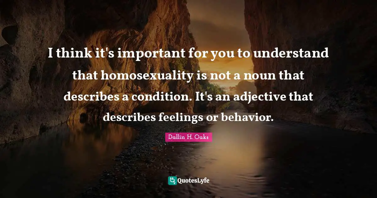 I think it's important for you to understand that homosexuality is not a noun that describes a condition. It's an adjective that describes feelings or behavior.
