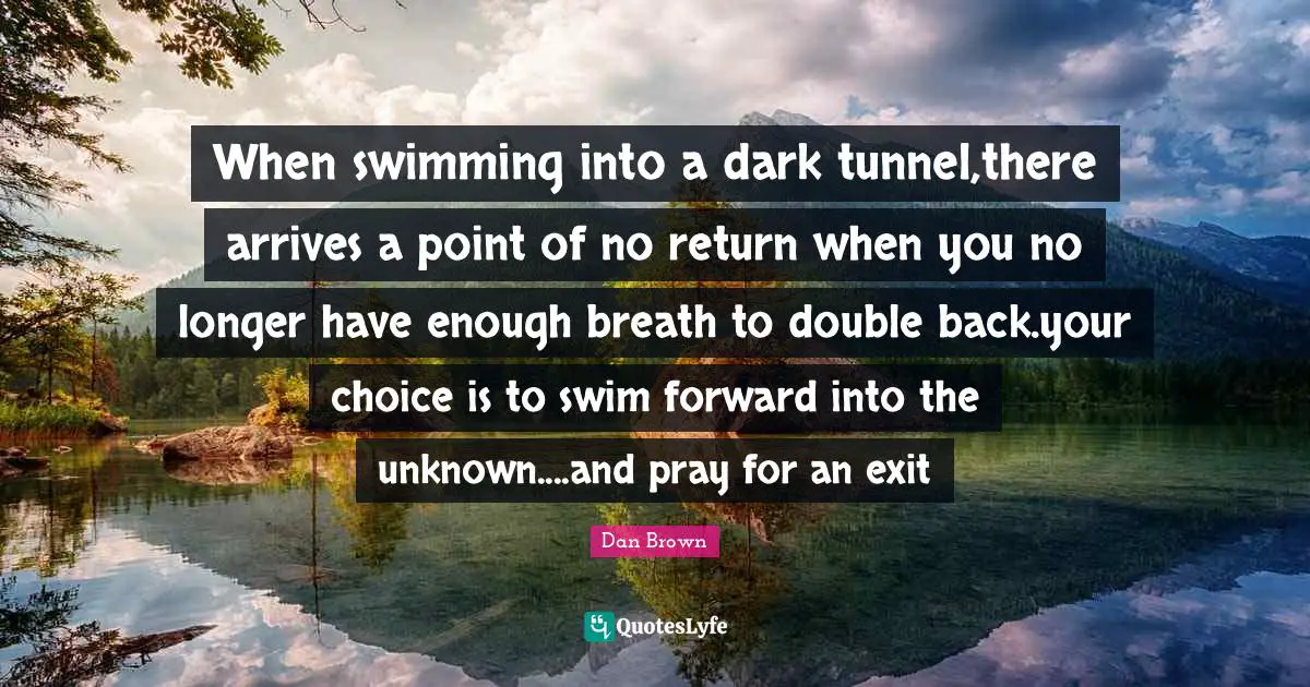 When swimming into a dark tunnel,there arrives a point of no return when you no longer have enough breath to double back.your choice is to swim forward into the unknown....and pray for an exit