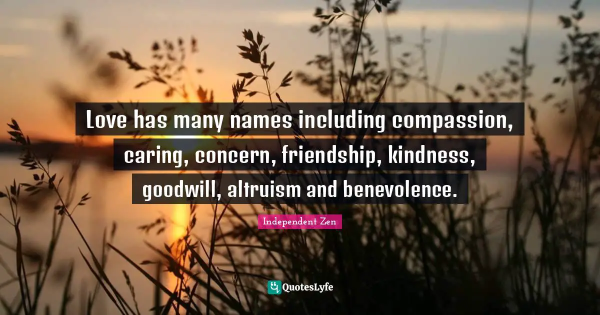 Love has many names including compassion, caring, concern, friendship, kindness, goodwill, altruism and benevolence.