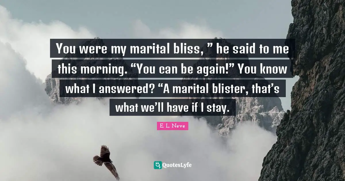 You were my marital bliss, ” he said to me this morning. “You can be again!” You know what I answered? “A marital blister, that’s what we’ll have if I stay.