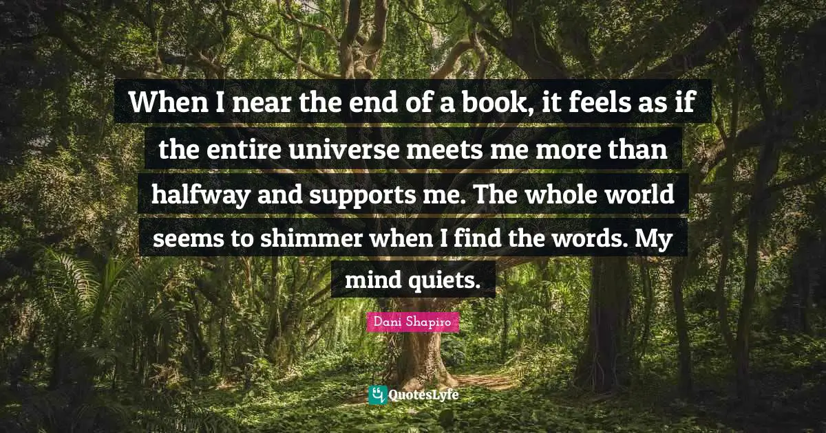 When I near the end of a book, it feels as if the entire universe meets me more than halfway and supports me. The whole world seems to shimmer when I find the words. My mind quiets.