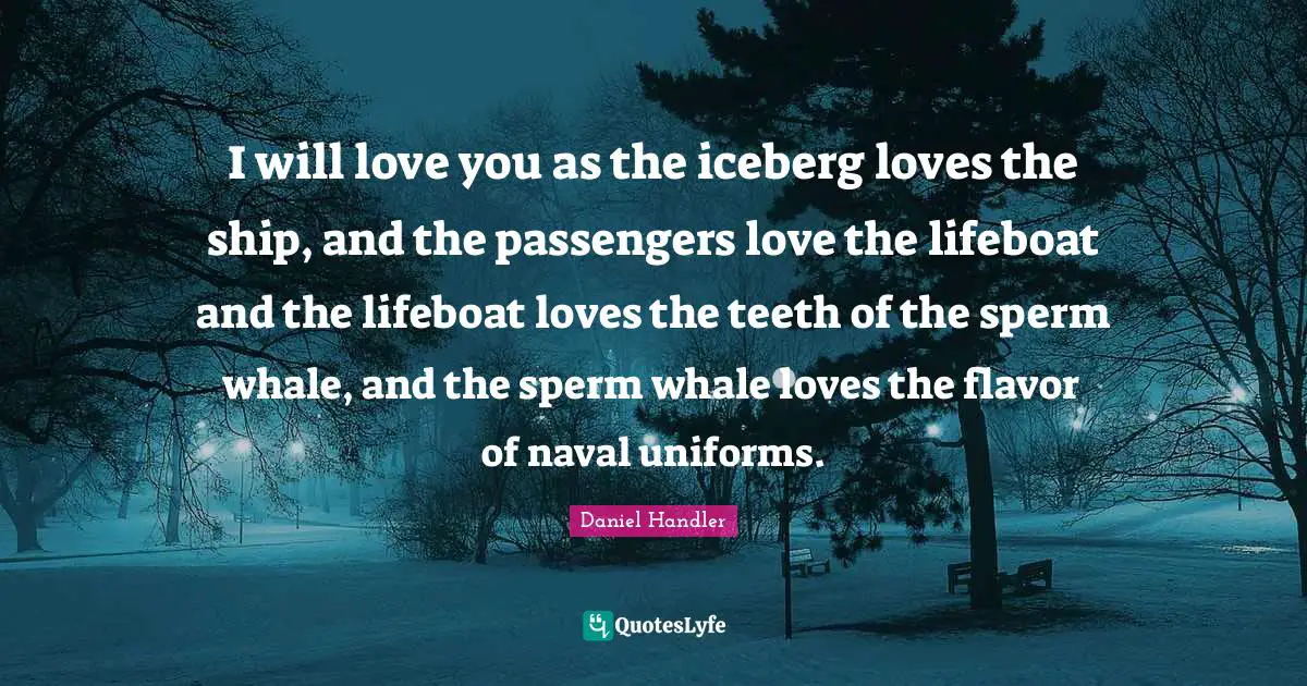 Daniel Handler Quotes: "I will love you as the iceberg loves the ship, and the passengers love the lifeboat and the lifeboat loves the teeth of the sperm whale, and the sperm whale loves the flavor of naval uniforms."