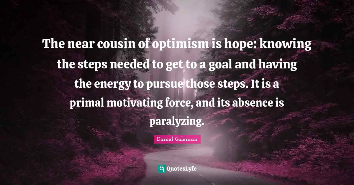 The near cousin of optimism is hope: knowing the steps needed to get to a goal and having the energy to pursue those steps. It is a primal motivating force, and its absence is paralyzing.