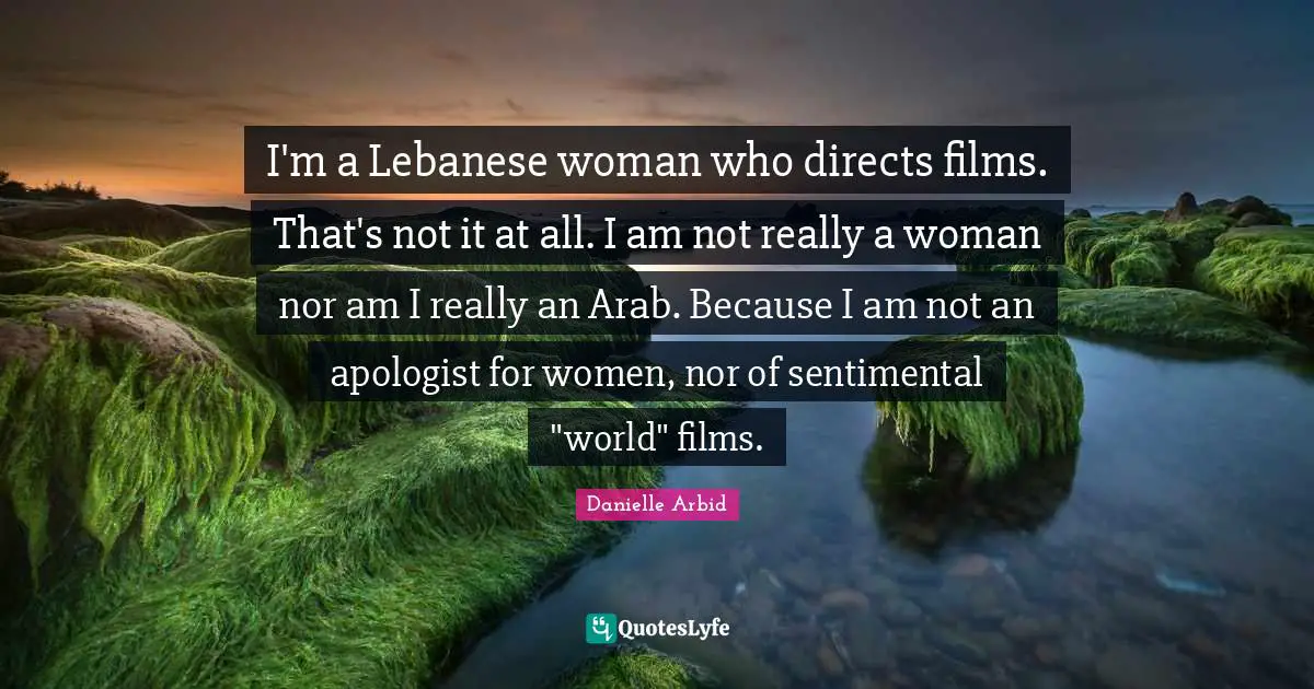 I'm a Lebanese woman who directs films. That's not it at all. I am not really a woman nor am I really an Arab. Because I am not an apologist for women, nor of sentimental "world" films.