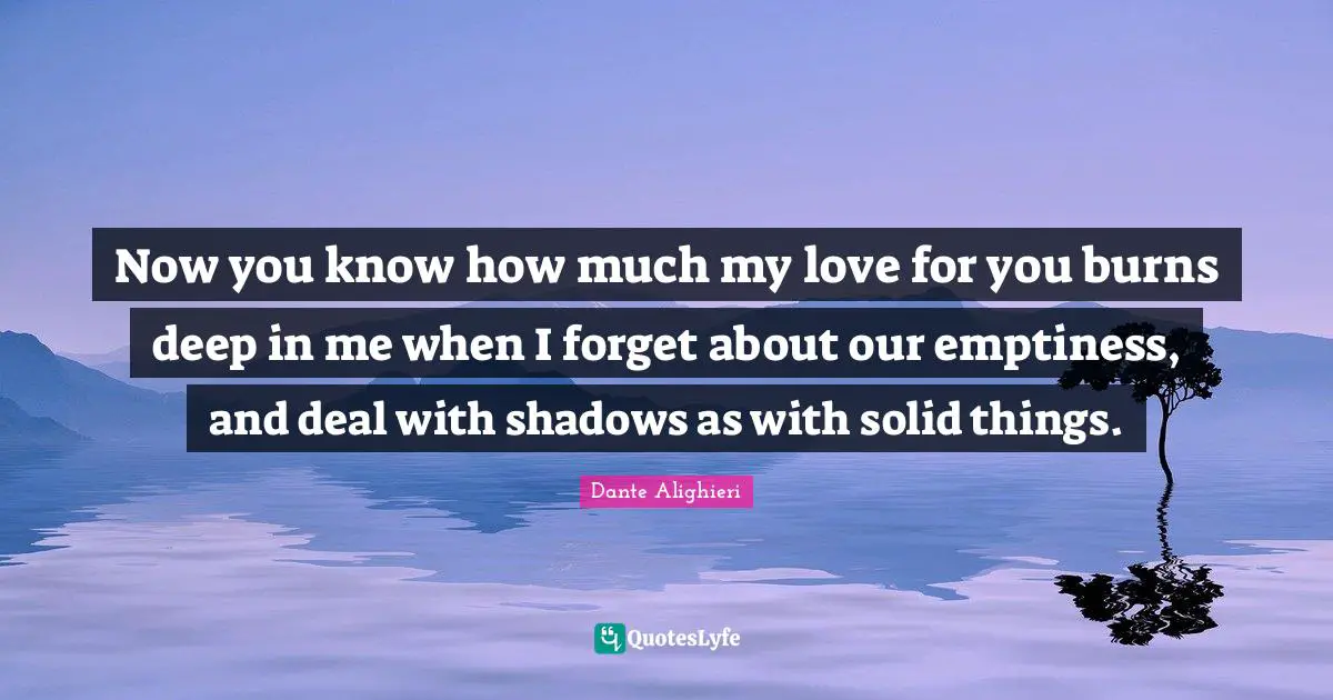Dante Alighieri Quotes: "Now you know how much my love for you burns deep in me when I forget about our emptiness, and deal with shadows as with solid things."