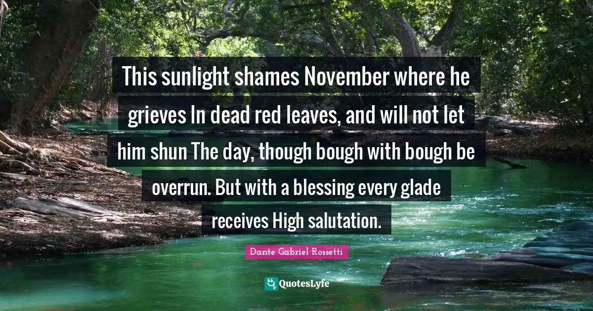 This sunlight shames November where he grieves In dead red leaves, and will not let him shun The day, though bough with bough be overrun. But with a blessing every glade receives High salutation.