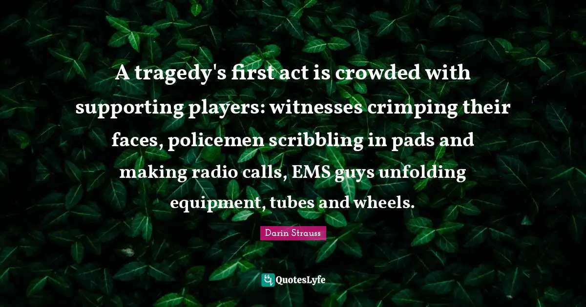 A tragedy's first act is crowded with supporting players: witnesses crimping their faces, policemen scribbling in pads and making radio calls, EMS guys unfolding equipment, tubes and wheels.