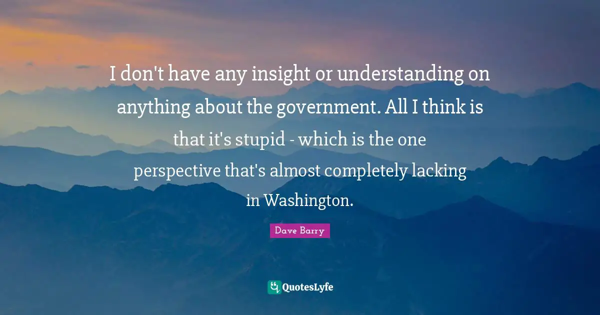 I don't have any insight or understanding on anything about the government. All I think is that it's stupid - which is the one perspective that's almost completely lacking in Washington.