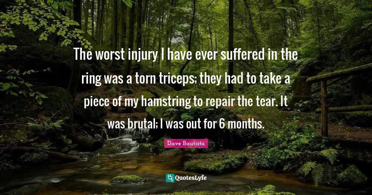 The worst injury I have ever suffered in the ring was a torn triceps; they had to take a piece of my hamstring to repair the tear. It was brutal; I was out for 6 months.