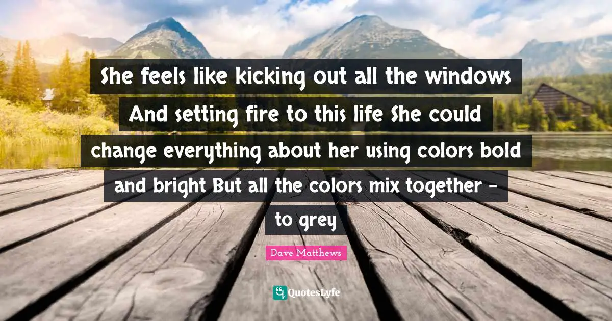 She feels like kicking out all the windows And setting fire to this life She could change everything about her using colors bold and bright But all the colors mix together - to grey
