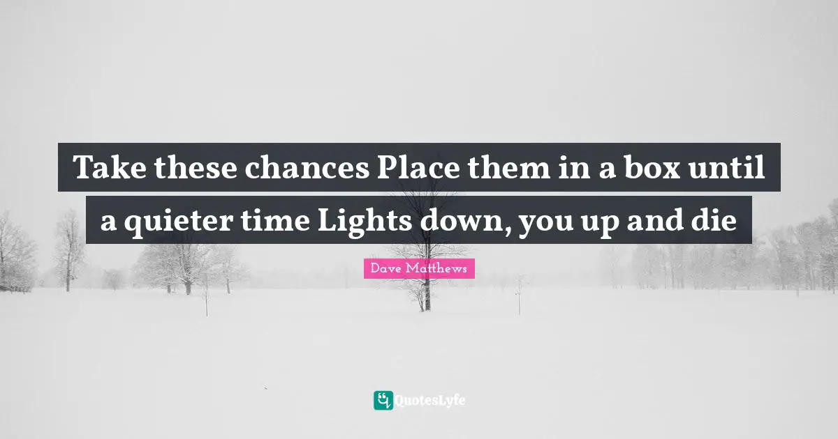 Take these chances Place them in a box until a quieter time Lights down, you up and die