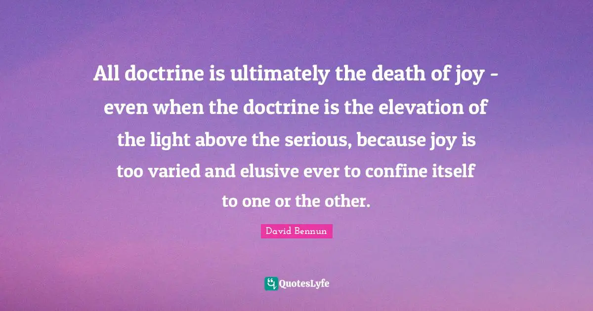 All doctrine is ultimately the death of joy - even when the doctrine is the elevation of the light above the serious, because joy is too varied and elusive ever to confine itself to one or the other.